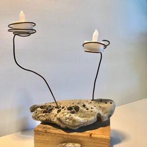 Unique handmade candleholder for tea lights Wood base, copper wire, ocean rock